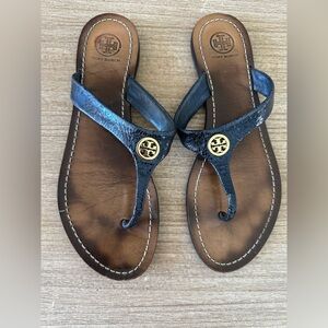 Tory Burch Black and Gold Leather Thong Sandals - size 9